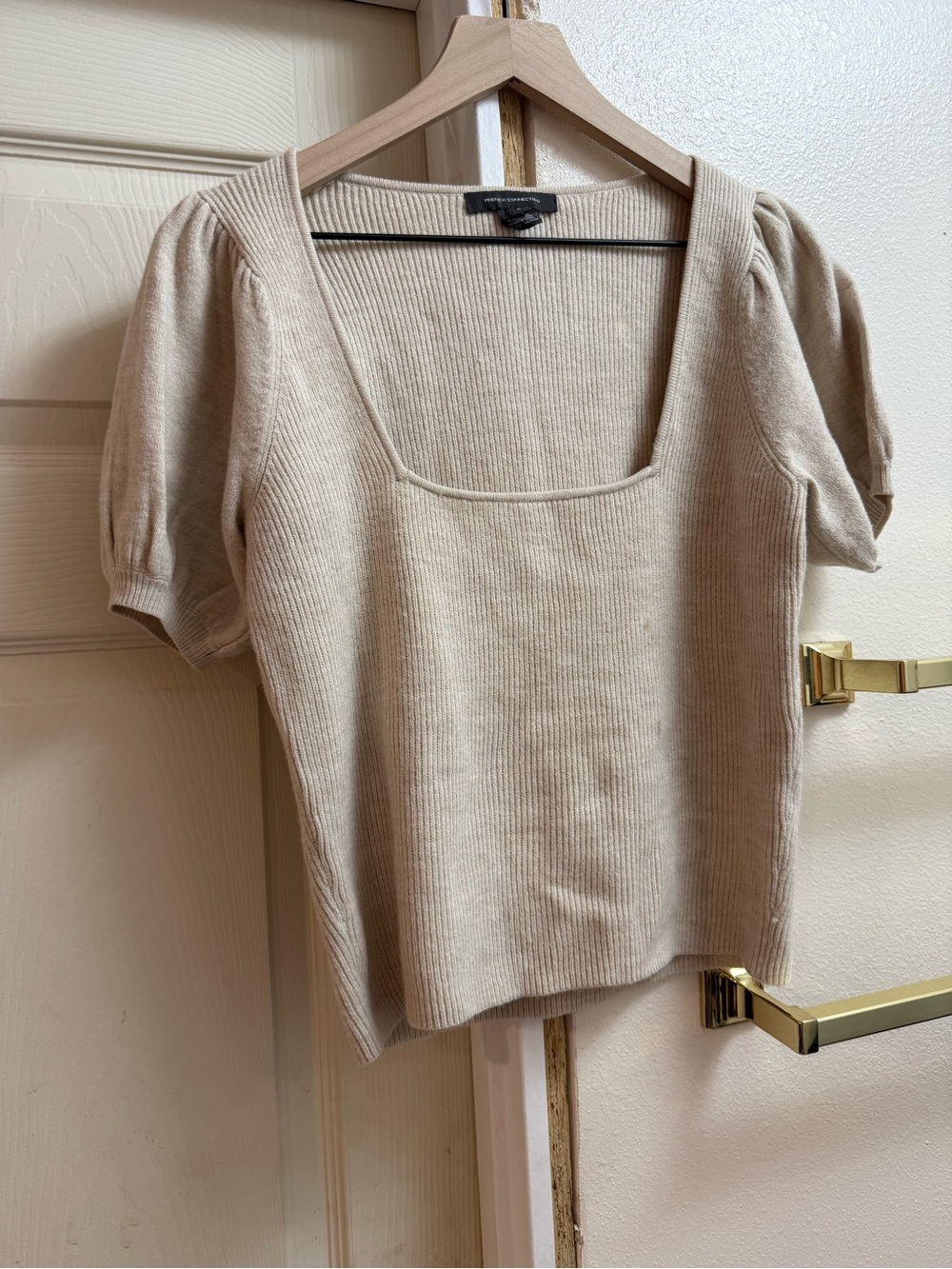 French Connection Beige Square Neck Ribbed Puff Sleeve Top